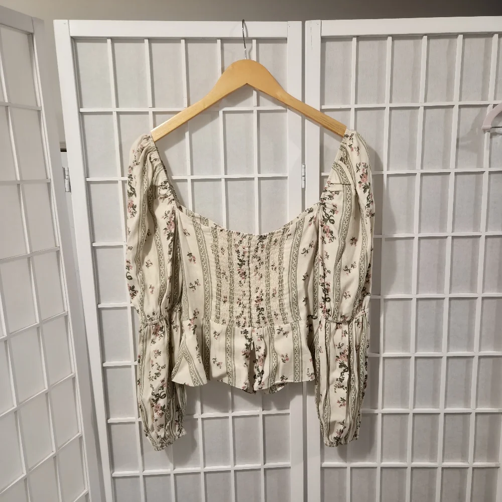 Reformation Floral Cream Green Blouse Top Sz 4 - Picture 6 of 12
